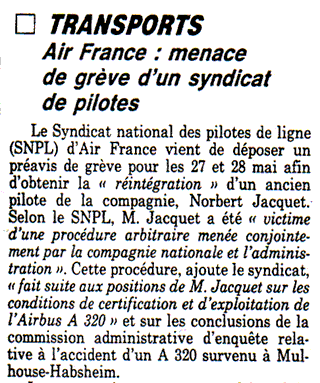 image : le Figaro, 20 mai 1992 (grève des pilotes pour soutenir Norbert Jacquet)